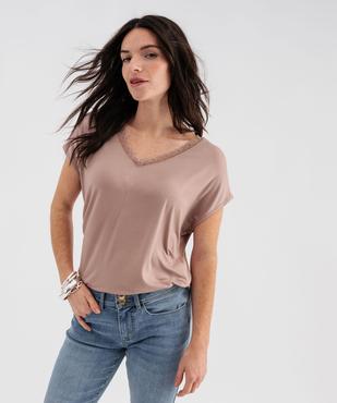 Tee-shirt manches ultra courtes avec col V en dentelle femme vue1 - GEMO 4G FEMME - GEMO