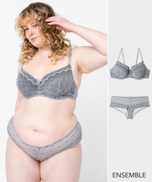 Ensemble lingerie gris avec soutien-gorge et shorty pour femme grande taille  - GEMO