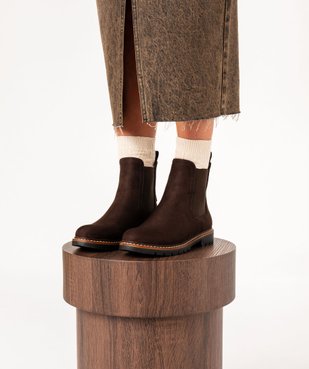 Bottines femme style Chelsea en suédine à fine semelle crantée vue1 - GEMO 4G FEMME - GEMO