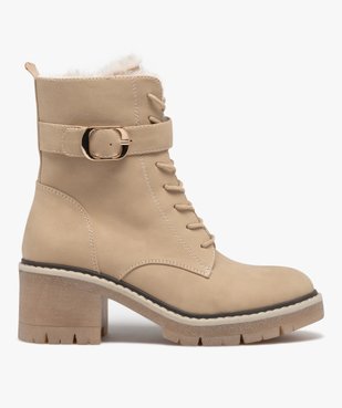 Boots fourrées unies femme à talon large avec lacets et col décoré bride à boucle vue1 - GEMO(URBAIN) - GEMO