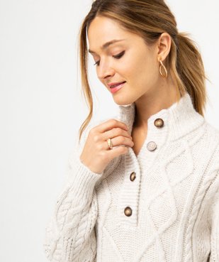 Robe pull en grosse maille à torsades et col boutonné femme - LuluCastagnette vue3 - LULUCASTAGNETTE - GEMO