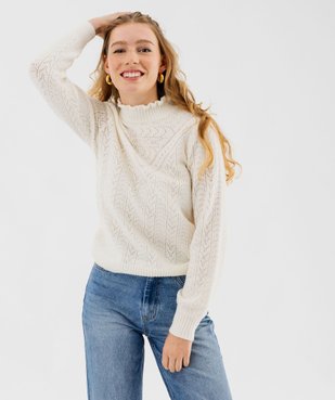 Pull en maille ajourée avec col montant froncé femme vue1 - GEMO(FEMME PAP) - GEMO