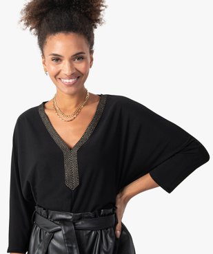 Tee-shirt femme avec col V fantaisie vue2 - GEMO(FEMME PAP) - GEMO