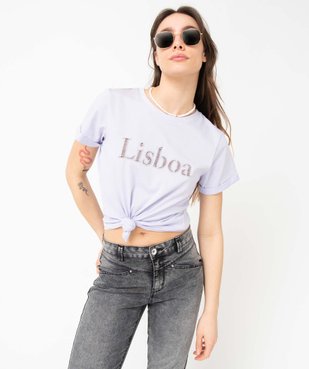 Tee-shirt femme à manches courtes à revers et inscription ajourée vue1 - GEMO(FEMME PAP) - GEMO