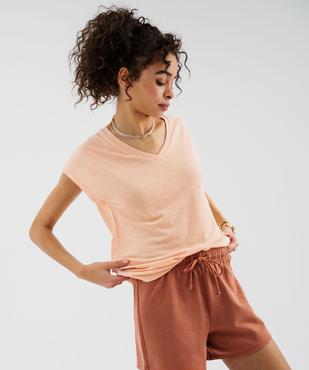 Tee-shirt manches courtes à col V coupe loose en lin femme vue1 - GEMO 4G FEMME - GEMO