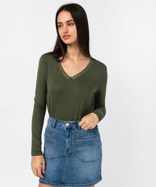 Tee-shirt à manches longues et col V en dentelle femme vue1 - GEMO 4G FEMME - GEMO