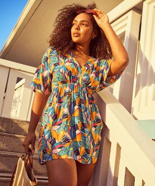 Robe de plage courte en viscose à encolure V et découpes côtés femme vue1 - GEMO 4G FEMME - GEMO