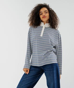Polo manches longues en jersey rayé à col victorien femme vue1 - GEMO(FEMME PAP) - GEMO