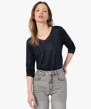 Tee-shirt femme imprimé avec col V en dentelle vue1 - GEMO C4G FEMME - GEMO