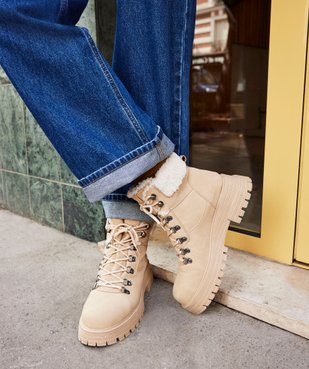 Boots femme unies en suédine fourrées et à col en sherpa vue1 - GEMO (CASUAL) - GEMO