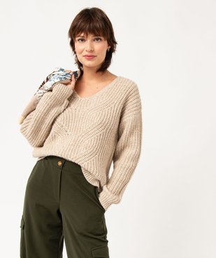 Pull à col V en maille ajourée à paillettes femme vue1 - GEMO(FEMME PAP) - GEMO