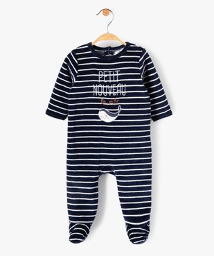 Pyjama bébé rayé en velours avec inscription brodée vue1 - GEMO(BB COUCHE) - GEMO