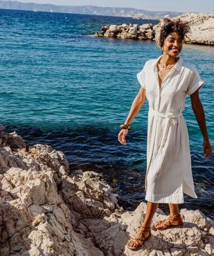 Robe chemise longue à manches courtes en gaze de coton femme vue1 - GEMO(FEMME PAP) - GEMO