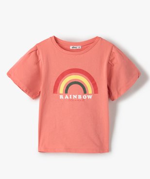 Tee-shirt fille court à manches froncées avec motif poitrine vue1 - GEMO (ENFANT) - GEMO