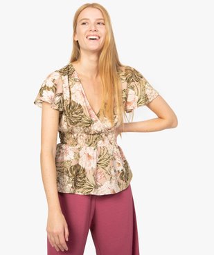 Blouse femme manches courtes à taille smockée vue1 - GEMO(FEMME PAP) - GEMO