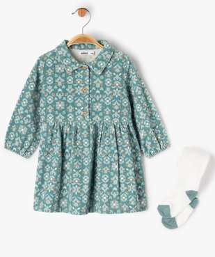 Ensemble 2 pièces bébé fille : robe en velours côtelé fleuri et collants épais vue1 - GEMO(BEBE DEBT) - GEMO