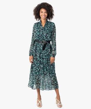Robe femme longue en voile imprimé et grosse ceinture vue1 - GEMO(FEMME PAP) - GEMO