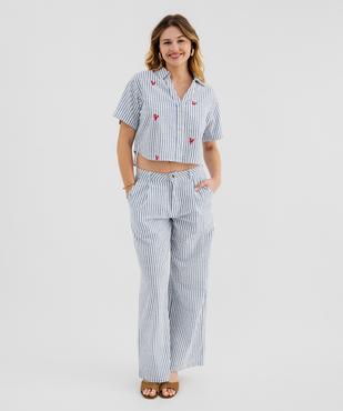 Pantalon large en coton rayé et texturé femme vue4 - GEMO(FEMME PAP) - GEMO