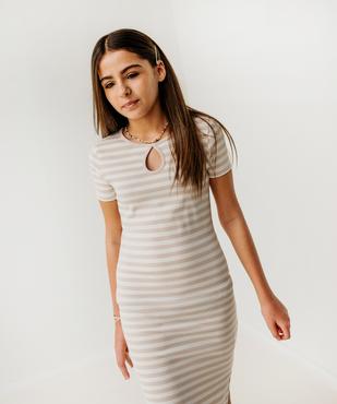 Robe tee-shirt longue en maille côtelée rayée fille vue1 - GEMO 4G FILLE - GEMO
