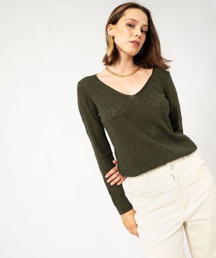 Pull col V en maille ajourée femme vue1 - GEMO 4G FEMME - GEMO