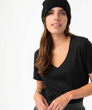 Tee-shirt femme à manches courtes avec col V roulotté vue1 - GEMO(FEMME PAP) - GEMO