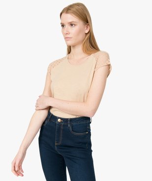 Tee-shirt femme à manches dentelle contenant du coton bio vue1 - GEMO C4G FEMME - GEMO