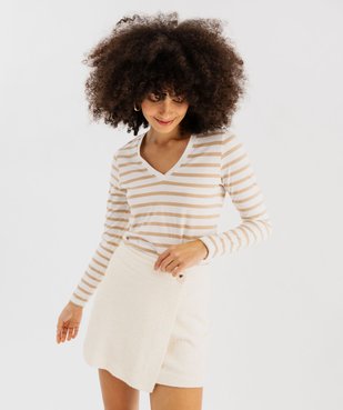 Tee-shirt manches longues et col V à rayures femme vue1 - GEMO 4G FEMME - GEMO