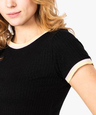 Tee-shirt femme courte à côtes et finitions bicolores vue2 - FOLLOW ME - GEMO