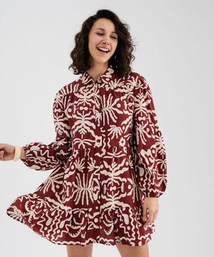 Robe courte manches longues en viscose froissée imprimée femme vue1 - GEMO 4G FEMME - GEMO