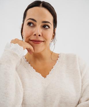 Pull col V en maille douillette avec finitions dentelle femme grande taille vue2 - GEMO 4G GT - GEMO