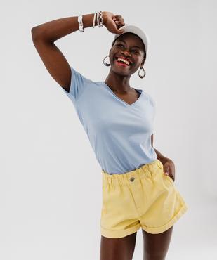 Tee-shirt à manches courtes avec col V roulotté femme vue1 - GEMO(FEMME PAP) - GEMO