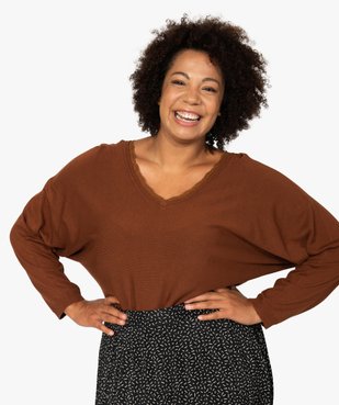 Pull femme en maille fine avec décolleté V en dentelle vue1 - GEMO (G TAILLE) - GEMO