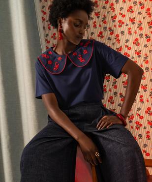 Tee-shirt col claudine brodé femme vue1 - GEMO(FEMME PAP) - GEMO