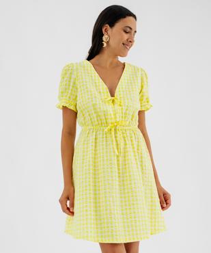 Robe courte à manches courtes en tissu gaufré à carreaux vichy femme vue4 - GEMO(FEMME PAP) - GEMO