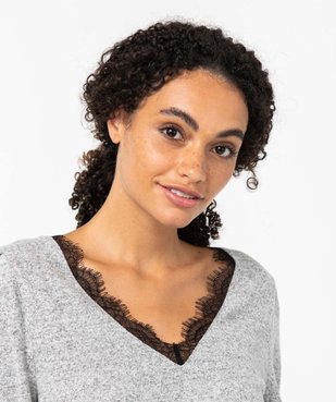 Tee-shirt femme à manches longues avec col V en dentelle contrastante vue2 - GEMO(FEMME PAP) - GEMO