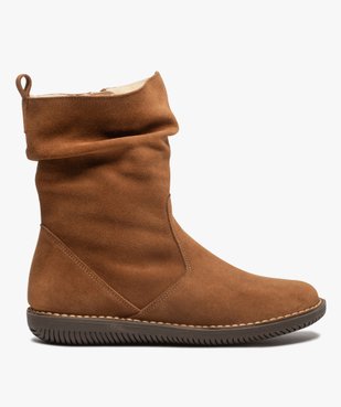 Boots fourrées femme à talon plat dessus cuir retourné uni vue1 - GEMO (CASUAL) - GEMO