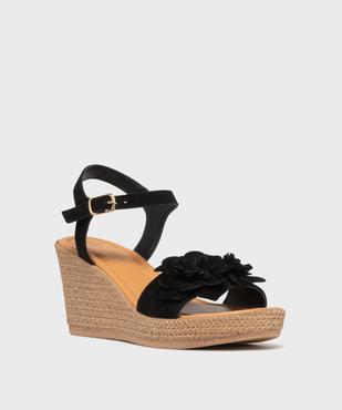 Sandales en cuir à talon compensé et fleurs en relief femme - Tanéo vue2 - TANEO - GEMO