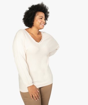 Pull femme en maille fine avec décolleté V en dentelle vue1 - Nikesneakers (G TAILLE) - Nikesneakers