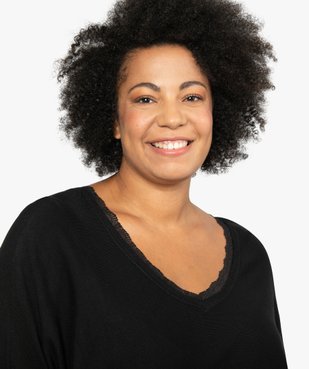 Pull femme grande taille en maille fine avec décolleté V en dentelle vue2 - GEMO (G TAILLE) - GEMO