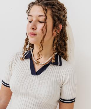 Pull à manches courtes avec col polo coupe courte fille vue2 - GEMO (JUNIOR) - GEMO