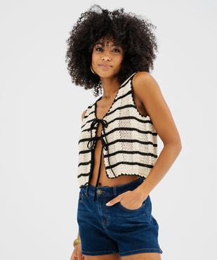 Gilet sans manches en maille ajourée à rayures femme vue1 - GEMO(FEMME PAP) - GEMO