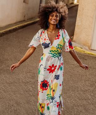 Robe longue col V à dos fantaisie et motifs femme vue1 - GEMO(FEMME PAP) - GEMO