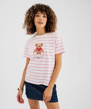 Tee-shirt manches courtes en jersey rayé motif ourson femme - LuluCastagnette vue4 - LULU CASTAGNETTE GEMO FOR GOOD - GEMO