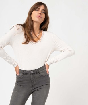 Tee-shirt femme à manches longues et col V en dentelle vue1 - GEMO 4G FEMME - GEMO