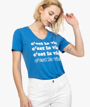 Tee-shirt femme imprimé à manches courtes et col V vue1 - FOLLOW ME - GEMO
