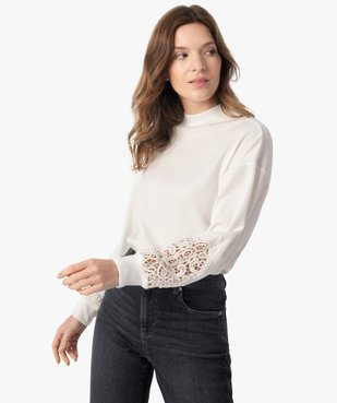 Tee-shirt femme court en maille côtelée avec manches brodées vue1 - GEMO(FEMME PAP) - GEMO