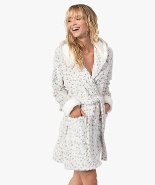 Robe de chambre femme courte à capuche en maille peluche imprimée vue1 - GEMO(HOMWR FEM) - GEMO