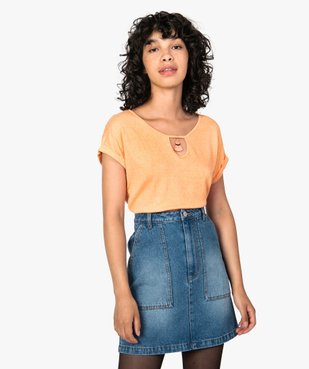 Tee-shirt femme en maille gaufrée avec petit bijou au col vue1 - GEMO(FEMME PAP) - GEMO