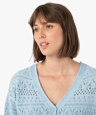 Gilet femme court à col V en maille ajourée vue3 - GEMO 4G FEMME - GEMO