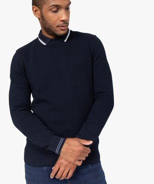 Pull homme à col rond en maille fantaisie et liserés au poignet vue2 - GEMO (HOMME) - GEMO